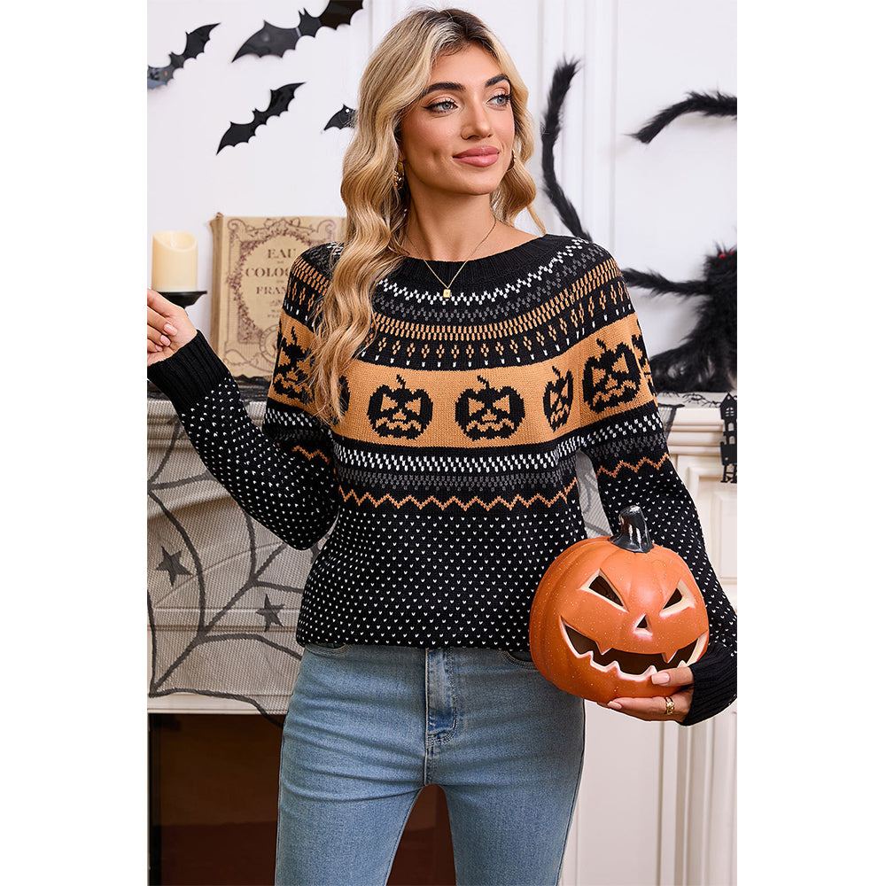 Attraco Women's Halloween Pumpkin Sweater Long Sleeve Crewneck Fair Isle Knit Pullover Fall Cozy Holiday Jumper