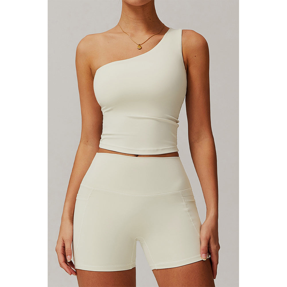 Attraco Women's One Shoulder Ruched Cropped Sports Tank Top with Removable Pads Yoga Tops