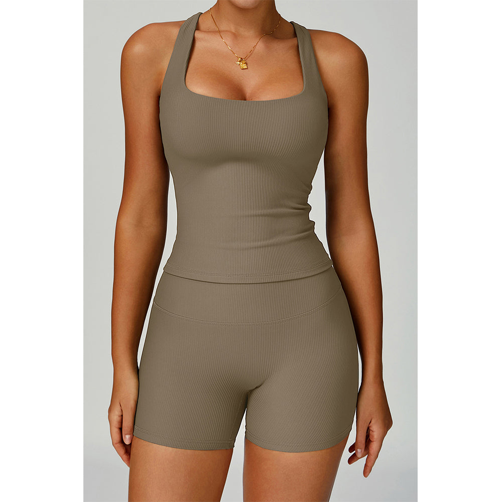 Attraco Women's 2-Piece Ribbed Square Neck Y-Back Active Set with Removable Pads and High-Waisted Shorts