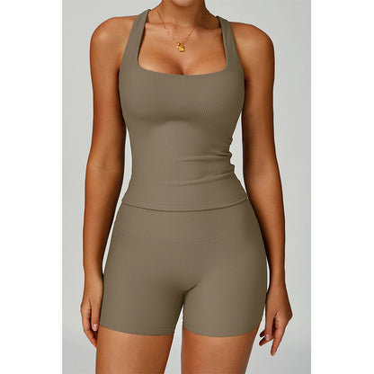 Attraco Women's 2-Piece Ribbed Square Neck Y-Back Active Set with Removable Pads and High-Waisted Shorts