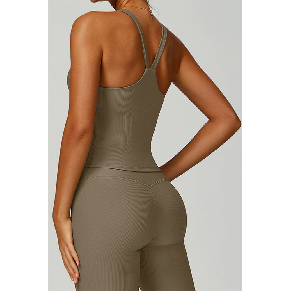 Attraco Women's 2-Piece Ribbed Square Neck Y-Back Active Set with Removable Pads and High-Waisted Shorts