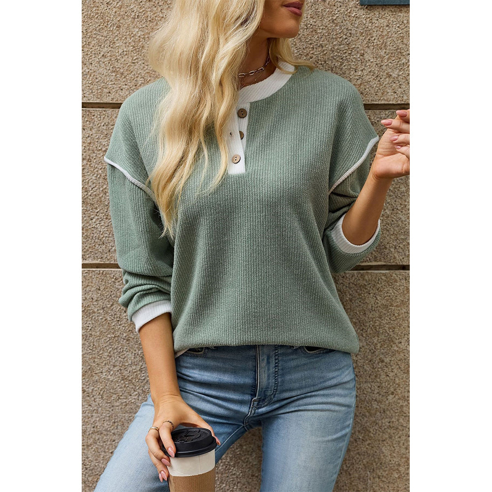 Attraco Women's Contrast Trim Henley Neck Long Sleeve Knit Top