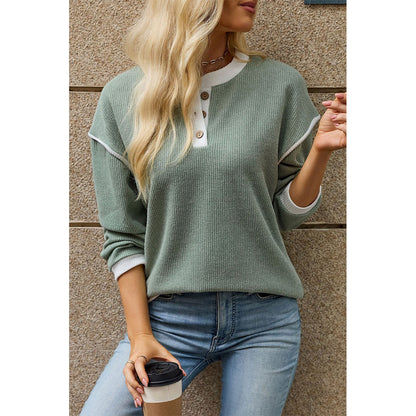 Attraco Women's Contrast Trim Henley Neck Long Sleeve Knit Top