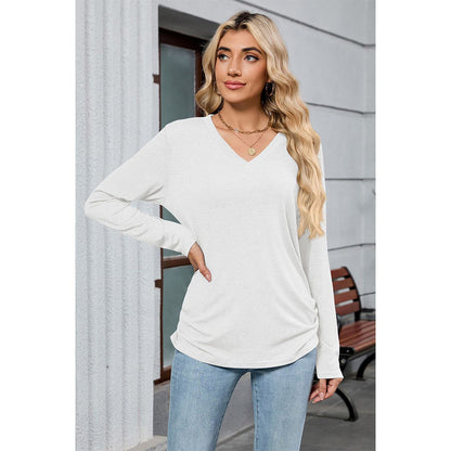 Attraco Women's Long Sleeve V Neck Tunic Top Soft Stretch Casual Shirt with Side Ruched Detail