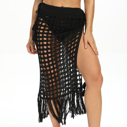 Charmo Women's Crochet Openwork Slit Hem Fringe Beach Cover Up Skirt