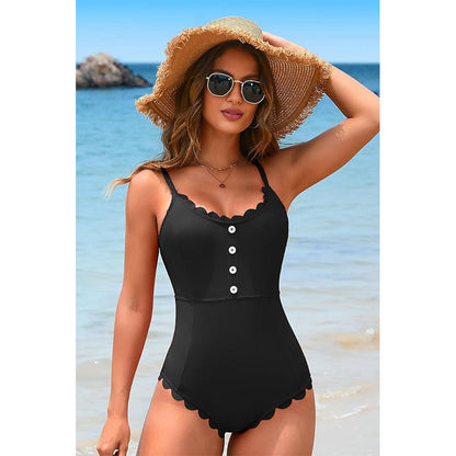 Charmo Women's Scalloped Edge Button Front Cutout Back One Piece Swimsuit Bathing Suit For Summer