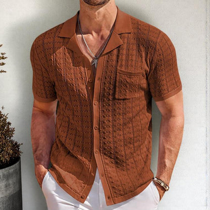 Attraco Men's Short Sleeve Textured Knit Camp Collar Button Front Shirt Summer Tops