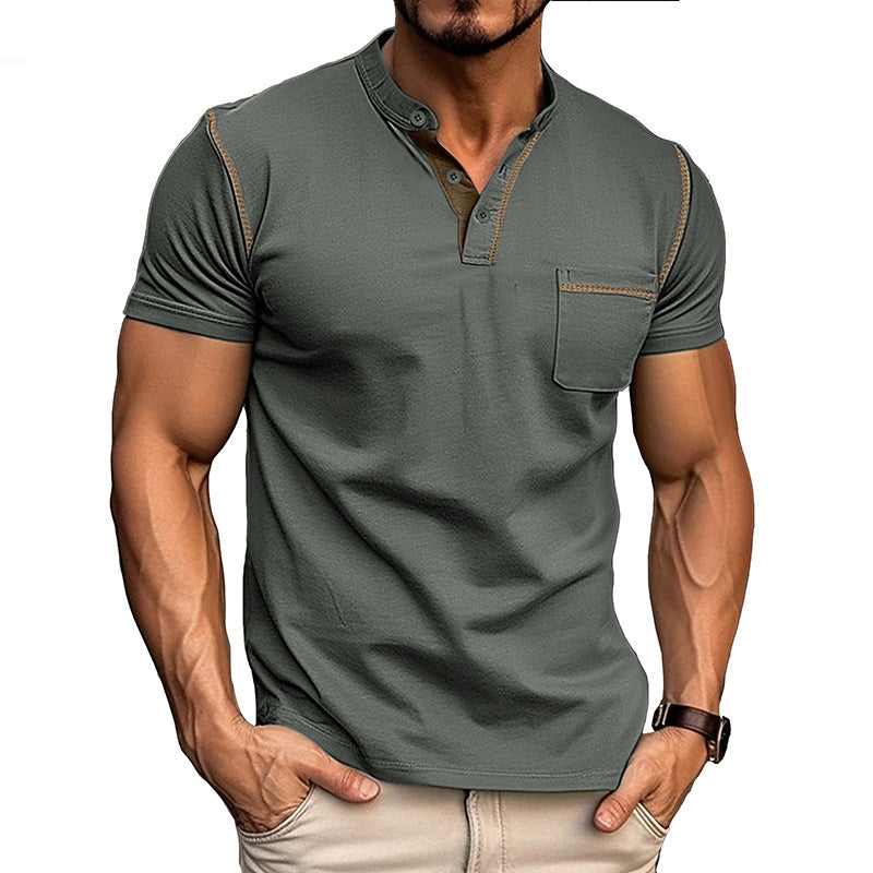 Attraco Men's Short Sleeve Henley Shirt with Chest Patch Pocket & Tailored Stitching Tops