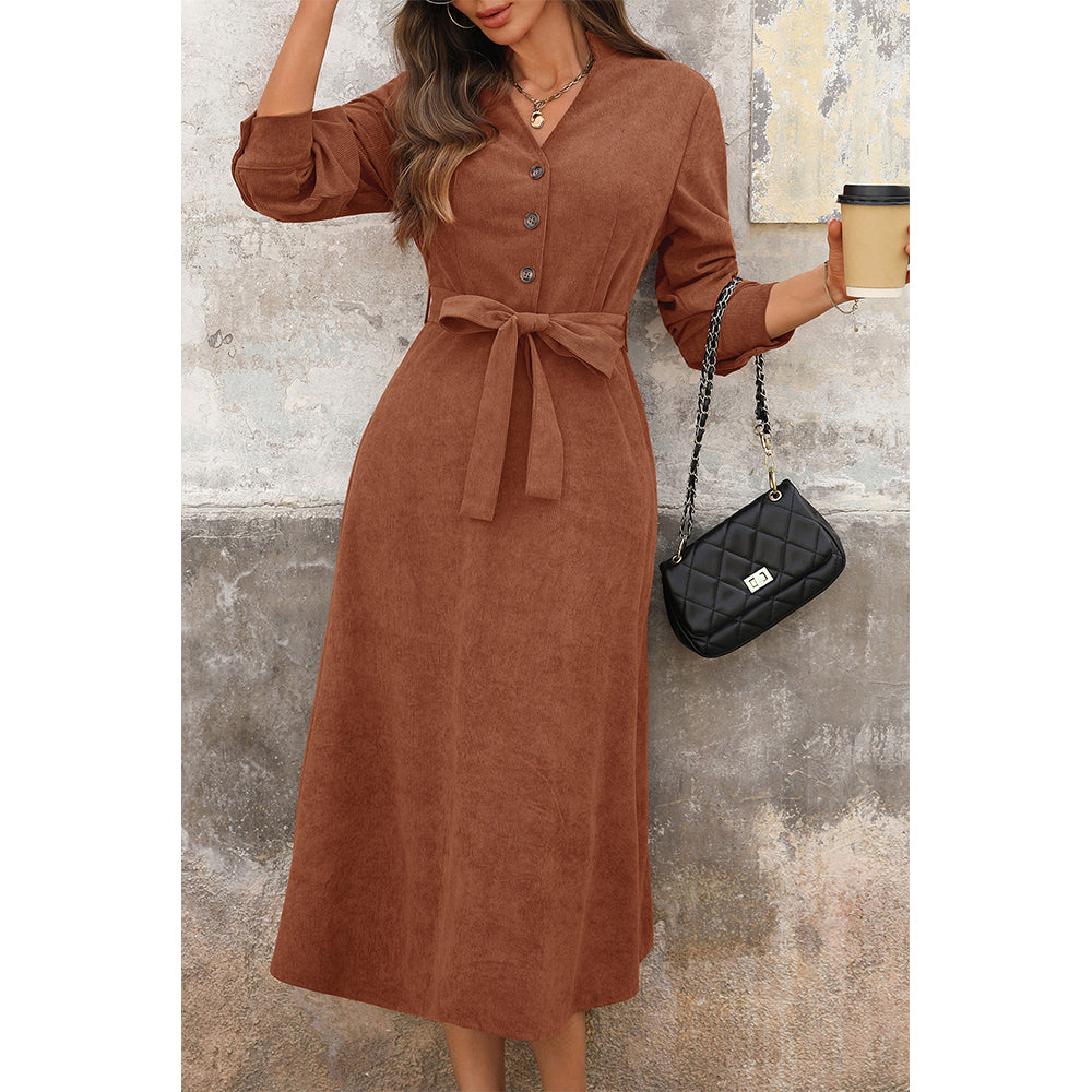 Attraco Women Notch V Neck Corduroy Midi Dress Long Sleeve Button Front Self Tie Waist A Line Dress