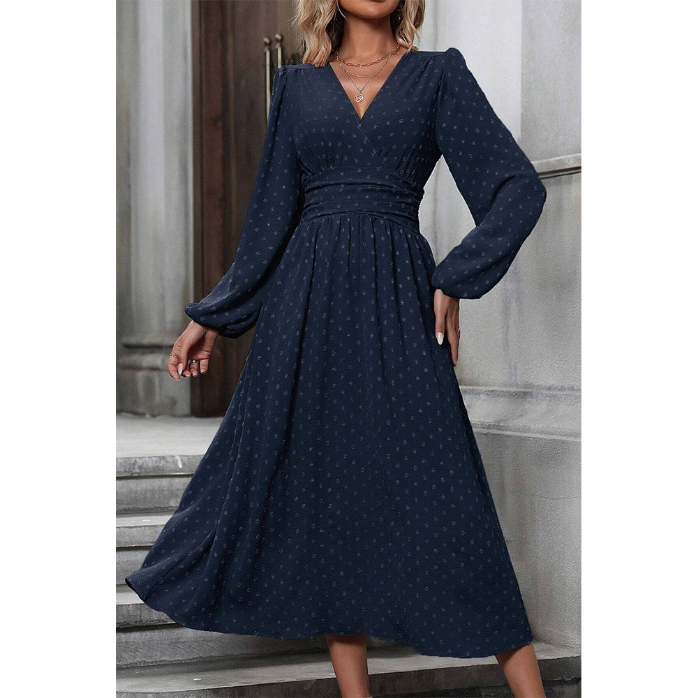 Attraco Women V Neck Bubble Dot Midi Dress Long Balloon Sleeve Ruched Waist Flowy Dress