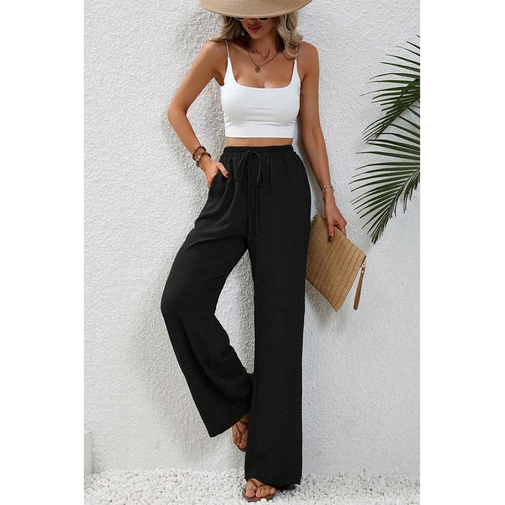 Attraco Women Elastic Drawstring High Waist Wide Leg Pants with Side Pockets