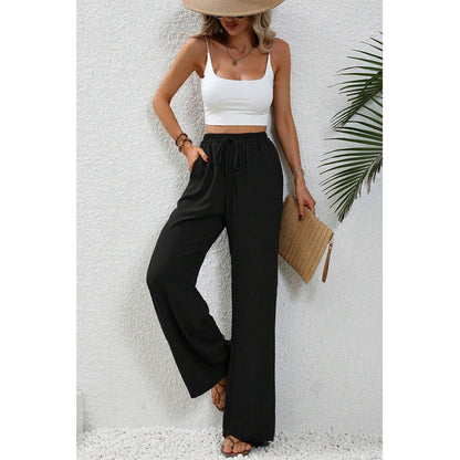 Attraco Women Elastic Drawstring High Waist Wide Leg Pants with Side Pockets