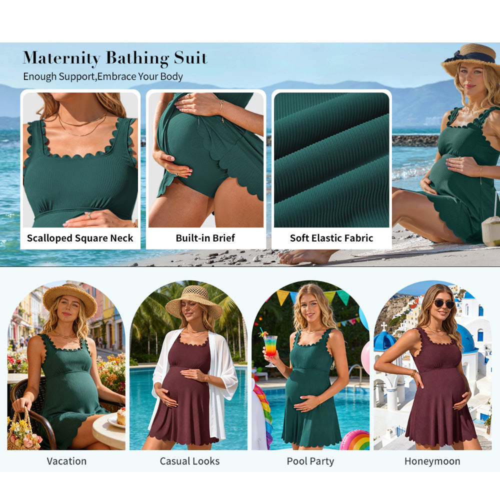 Charmo Ribbed Maternity Swimsuit One Piece Scalloped Pregnancy Bathing Suit Push Up Modest Swim Dress Swimwear