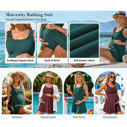 Charmo Ribbed Maternity Swimsuit One Piece Scalloped Pregnancy Bathing Suit Push Up Modest Swim Dress Swimwear