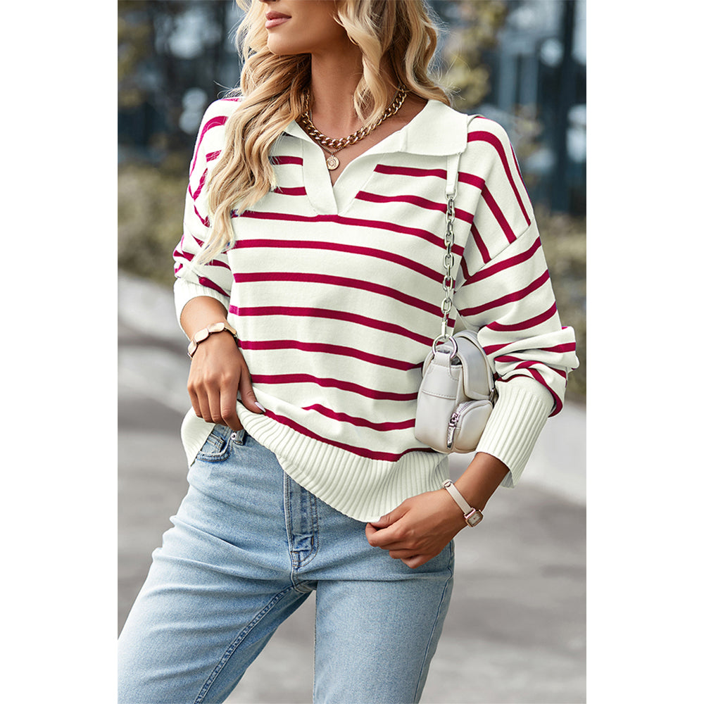 Attraco Women's Striped Collared Long Sleeve Knit Sweater Pullover Tops