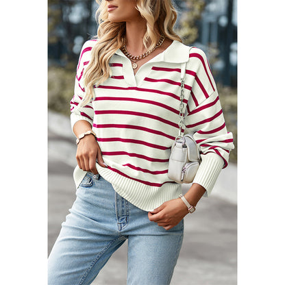 Attraco Women's Striped Collared Long Sleeve Knit Sweater Pullover Tops