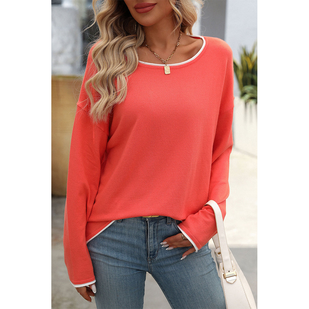 V For City Women's Contrast Trim Long Sleeve Crewneck Sweater Pollover Tops