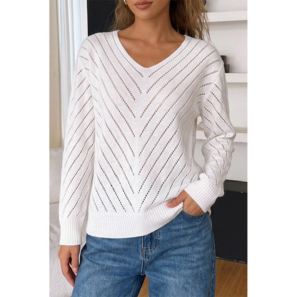Attraco Women's Open Knit V Neck Sweater Long Sleeve Lightweight Hollow Out Pullover Top