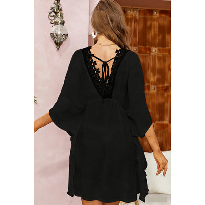Charmo Women's Batwing Sleeve Lace Trim V Neck Back Tie Cover Ups For Summer Wear