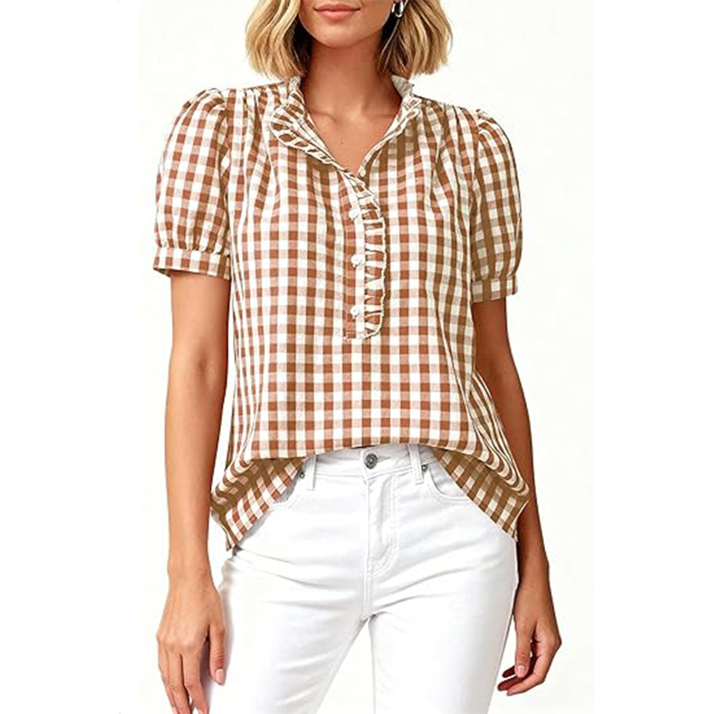 Attraco Womens Puff Short Sleeve Summer Tops Striped Plaid Ruffle V Neck Button Down Shirts Business Casual Work Blouses