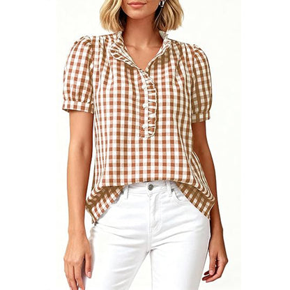 Attraco Womens Puff Short Sleeve Summer Tops Striped Plaid Ruffle V Neck Button Down Shirts Business Casual Work Blouses