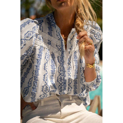 Attraco Women's Floral Embroidered Long Sleeve Button Down Blouse Mandarin Collar Shirt