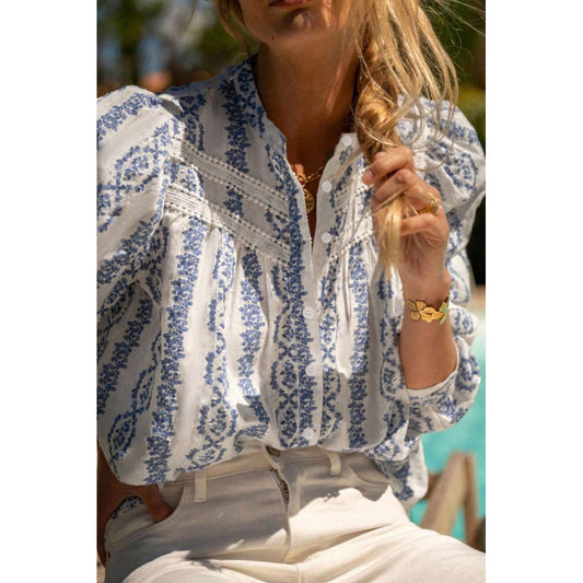 Attraco Women's Floral Embroidered Long Sleeve Button Down Blouse Mandarin Collar Shirt