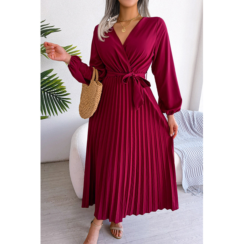 Attraco Women Wrap V Neck Belted Long Balloon Sleeve Pleated Midi Dress