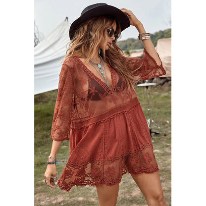 Charmo Women's Lace Embroidery V-Neck Cover Up  with Half Sleeves & Flowy Hem Mini Dress