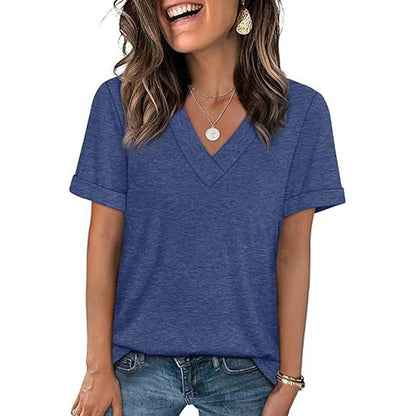 Attraco Women's V Neck Rolled Cuff Short Sleeve Loose Fit Casual T-Shirt Summer Tops