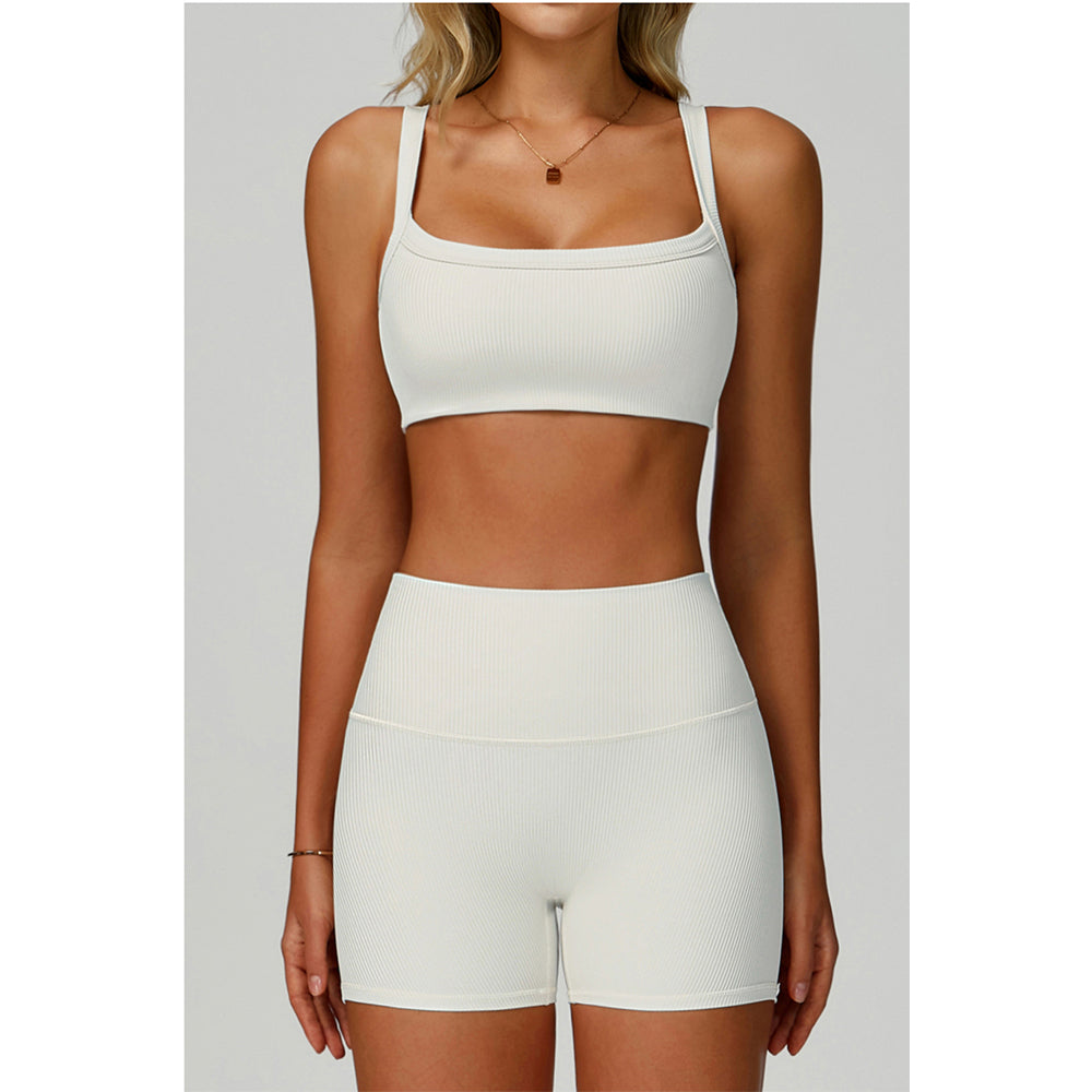 Attraco Women's Square Neck Ribbed Sports Bra with Removable Pads