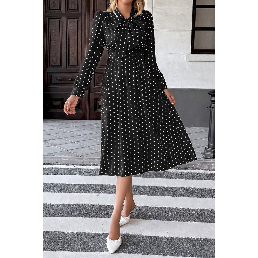 Attraco Women Bow Tie Neck Long Sleeve Polka Dot Midi Dress