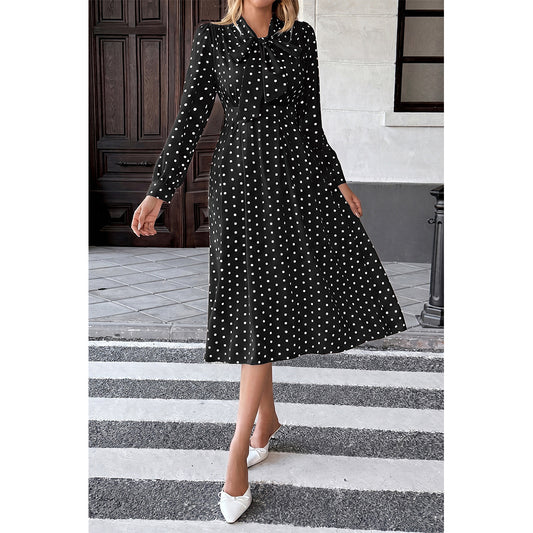 Attraco Women Bow Tie Neck Long Sleeve Polka Dot Midi Dress