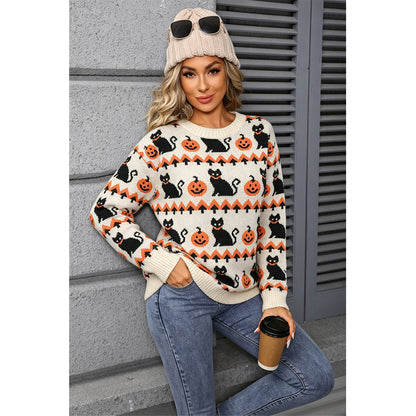 Attraco Women's Halloween Pumpkin & Black Cat Jacquard Sweater Cozy Crewneck Long Sleeve Knit Pullover Fall Winter Casual Holiday Top