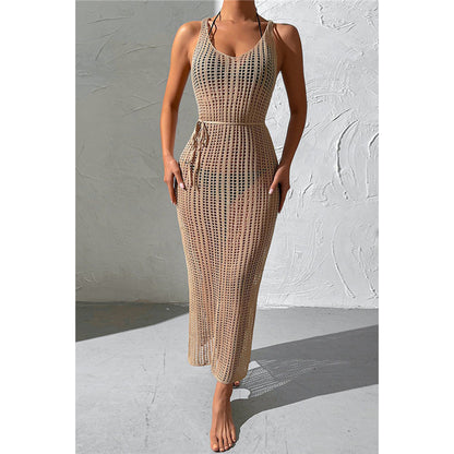 Charmo Women's Crochet Sleeveless Backless Maxi Cover Up Dress with Waist Drawstring & Side Slit