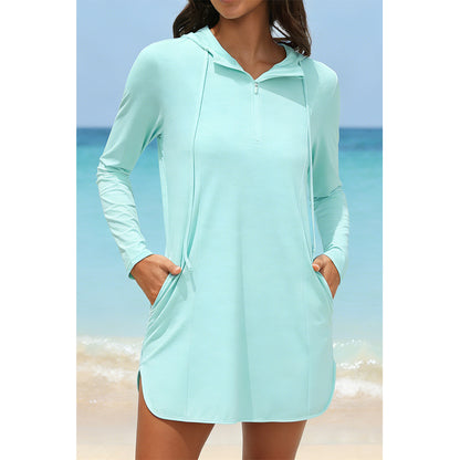 Attraco Women's UPF 50+ Hooded Quarter Zip Rash Guard with Zipper Pockets Beach Swimsuit Swimsuit Cover Up
