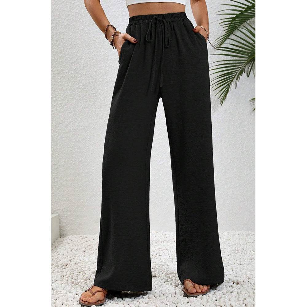 Attraco Women Elastic Drawstring High Waist Wide Leg Pants with Side Pockets