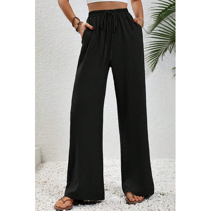 Attraco Women Elastic Drawstring High Waist Wide Leg Pants with Side Pockets