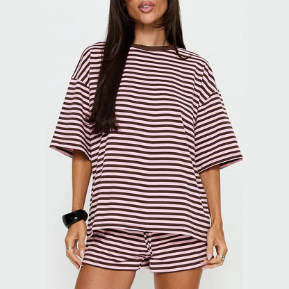 Attraco Women Striped Oversized Crew Neck Short Sleeve 2 Piece Pajama Loungewear Short Set