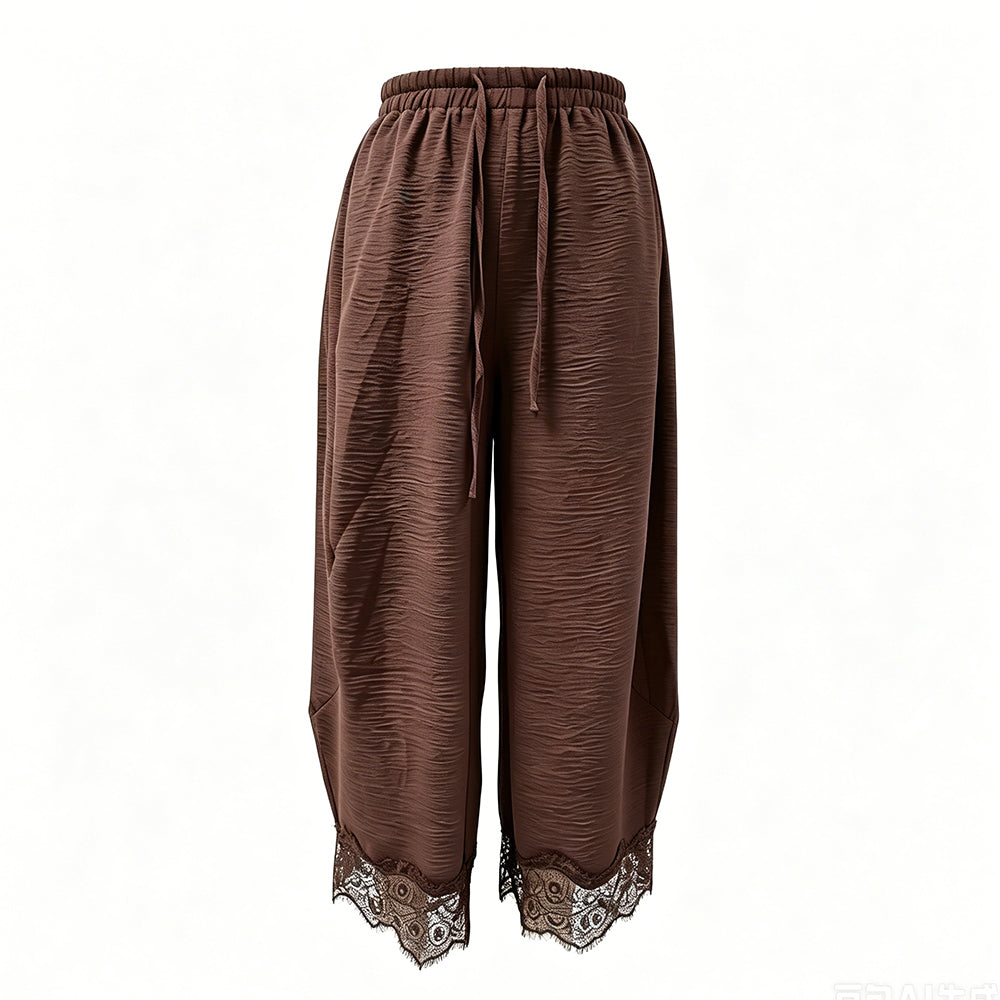 Attraco Women Elastic Drawstring High Waist Wide Leg Cropped Pants with Side Pockets and Lace Hem