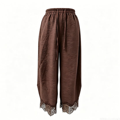 Attraco Women Elastic Drawstring High Waist Wide Leg Cropped Pants with Side Pockets and Lace Hem