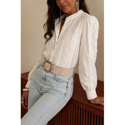Attraco Women's Embroidered Long Sleeve Button Down Blouse Stand Collar Casual Shirt