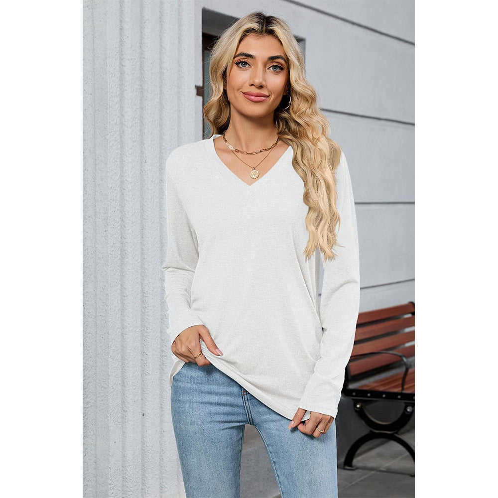 Attraco Women's Long Sleeve V Neck Tunic Top Soft Stretch Casual Shirt with Side Ruched Detail