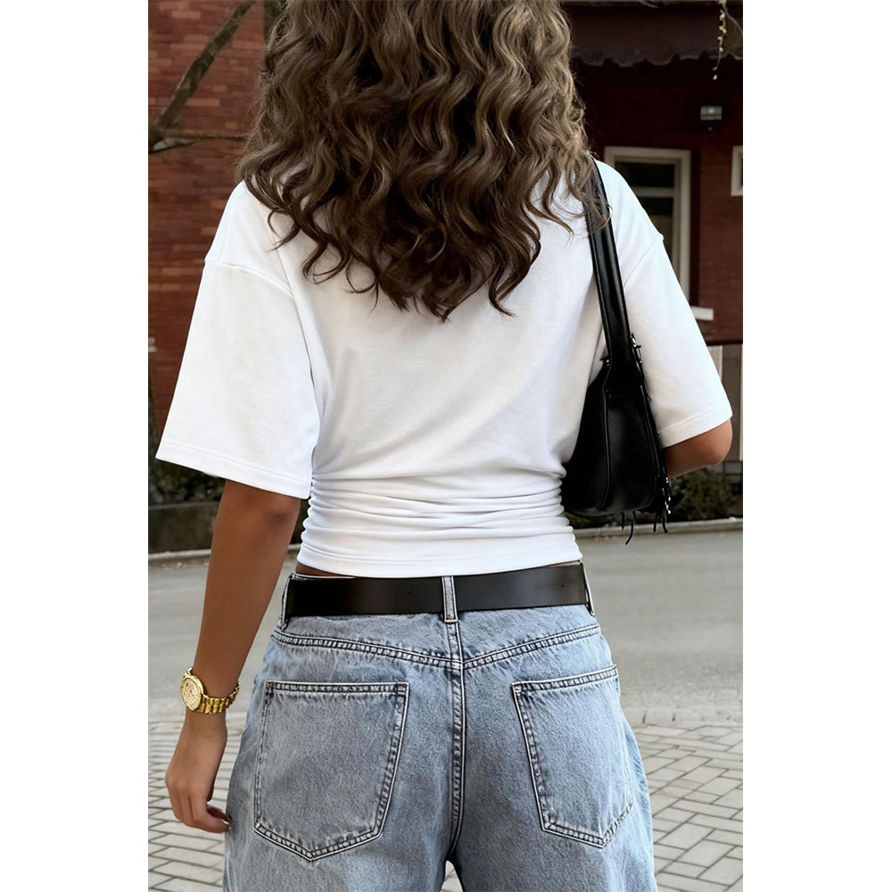 Attraco Women's Crew Neck Short Sleeve Side Ruched Cropped Casual T-Shirt Casual Summer Tops