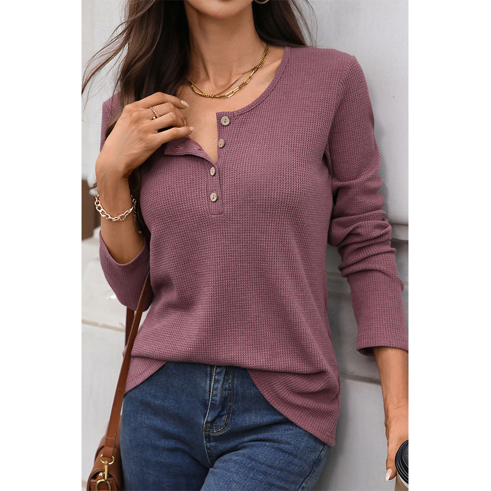 Attraco Women's Long Sleeve Henley Top Textured Knit Casual Shirt with Button Front