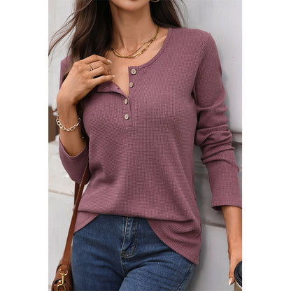 Attraco Women's Long Sleeve Henley Top Textured Knit Casual Shirt with Button Front