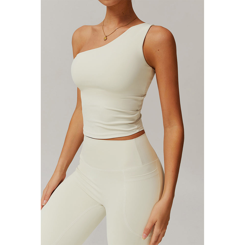 Attraco Women's One Shoulder Ruched Cropped Sports Tank Top with Removable Pads Yoga Tops