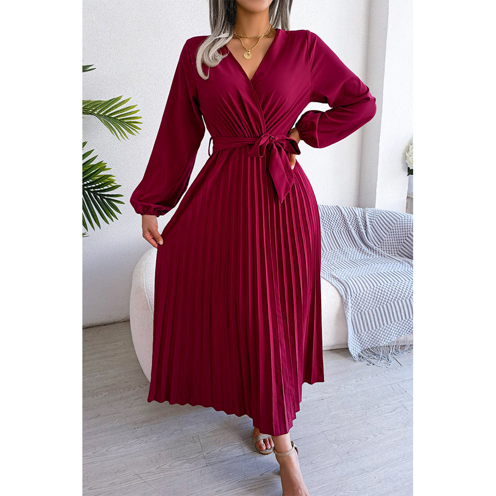 Attraco Women Wrap V Neck Belted Long Balloon Sleeve Pleated Midi Dress