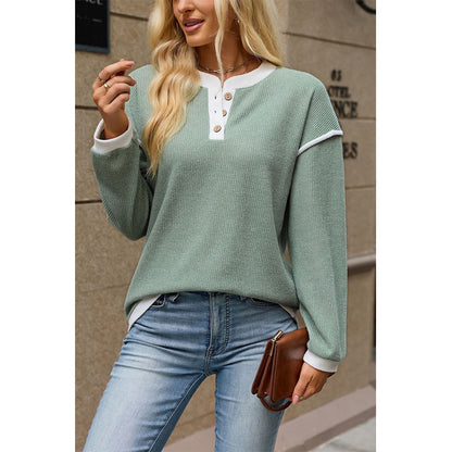 Attraco Women's Contrast Trim Henley Neck Long Sleeve Knit Top