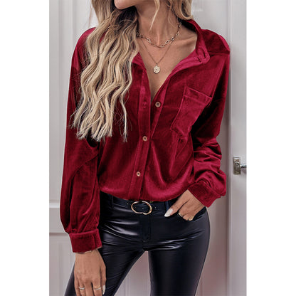 V For City Women's Velvet Collared Lantern Sleeve Button Down Shirts
